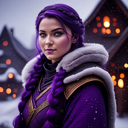 Prompt: Photo of <mymodel> she has a single braid down her shoulder with a heavy purple fur coat wearing a hood with a purple fur edge, she is in a viking village standing as snow falls