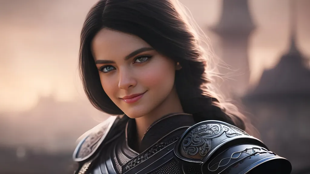 Prompt: she has black hair, create most beautiful fictional female viking warrior, hopeful smile, black hair, light blue eyes, extremely detailed environment, detailed background, intricate, detailed skin, professionally color graded, photorealism, 8k, moody lighting