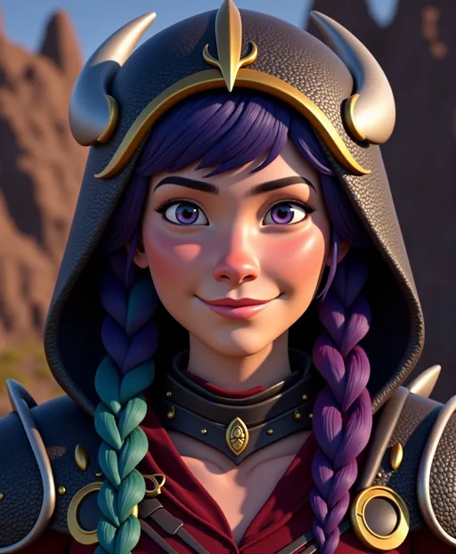 Prompt: <mymodel>CGI Animation, digital art, 20-year-old-old viking woman with violet eyes, Dark red Long sleeve shirt, skirt with dragon teeth on it, wears the snow wraith hood, ((dark dark blue hair with teal, pink and purple streaks)), fighting against another viking warrior in a sword battle with Annabeth who has purple hair with black and gold armor in the training ring, subtle smile, unreal engine 8k octane, 3d lighting, close up camera shot on the face, full armor