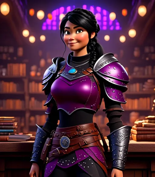 Prompt: <mymodel>CGI Animation, digital art, 20-year-old-old viking woman with light blue eyes, she is standing in her library, she is of royalty, {{black gear, purple armor}}, black hair with purple strands, single braid down her shoulder with a tiara, subtle smile, unreal engine 8k octane, 3d lighting, close up camera shot on the face, full armor