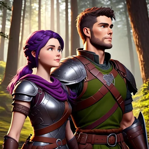 Prompt: <mymodel>Photo of  standing in the forest with his wife Annabeth  who is slightly shorter and has purple hair with a single hair braid down her shoulder