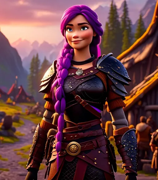 Prompt: <mymodel>CGI Animation, digital art, 20-year-old-old viking woman with light blue eyes and purple hair, standing outside in her viking village among her people, black clothes, black dragon scaled colored armor, purple hair, single braid down her shoulder with a gold tiara, subtle smile, unreal engine 8k octane, 3d lighting, close up camera shot on the face, full armor