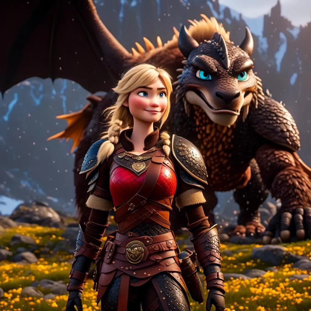 Prompt: <mymodel>CGi Animation, 20-year-old viking woman with blue eyes, a rainy scene, the viking woman has a subtle smile, blonde hair, she has blue gear, gold armor, black pants, black boots, she is standing next to a bright blue dragon with gold highlights, unreal engine 8k octane, 3d lighting, full body, full armor