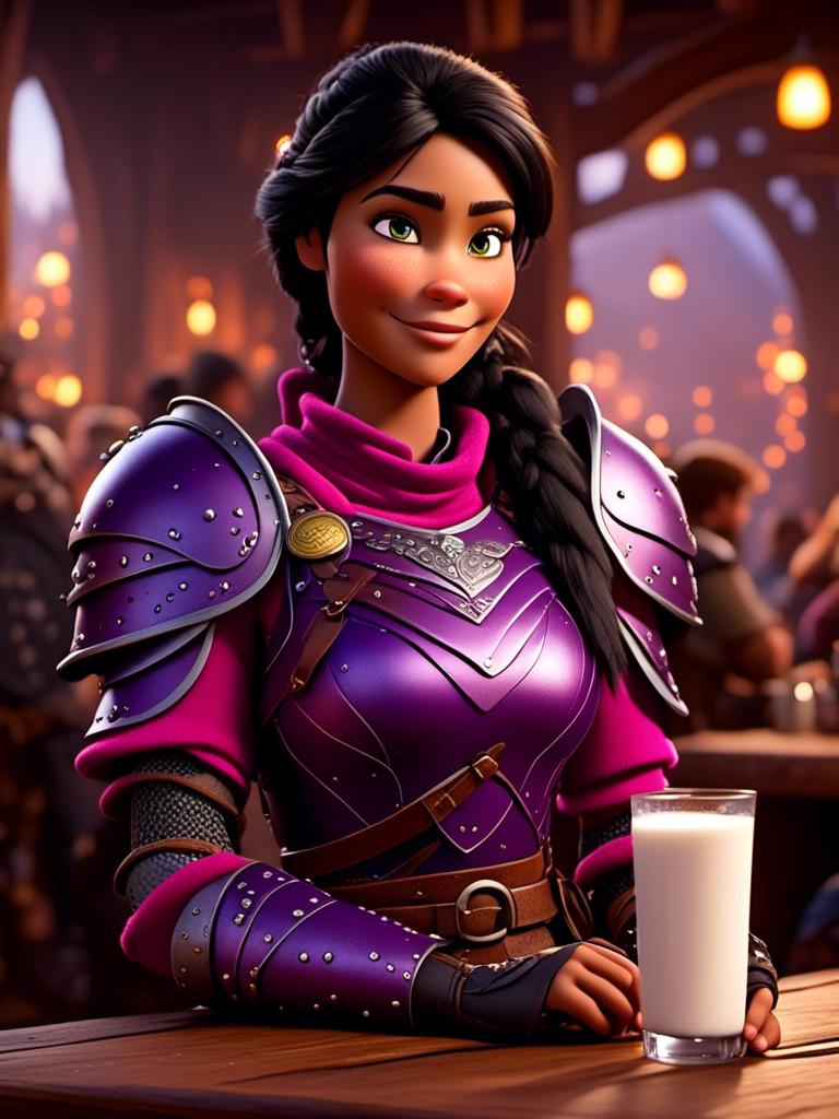 Prompt: <mymodel>CGI Animation, digital art, 20-year-old-old viking woman of royalty standing a busy tavern having a drink of milk, {{purple gear, pink armor}}, black hair, straight hair with a tiara, subtle smile, unreal engine 8k octane, 3d lighting, close up camera shot on the face, full armor