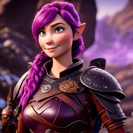 Prompt: <mymodel>CGi Animation, 20-year-old viking woman with one hair braid, caucasian, subtle smile, purple hair, light blue eyes, {{black gear, purple armor}}, white textures and highlights, unreal engine 8k octane, 3d lighting, full body, full armor