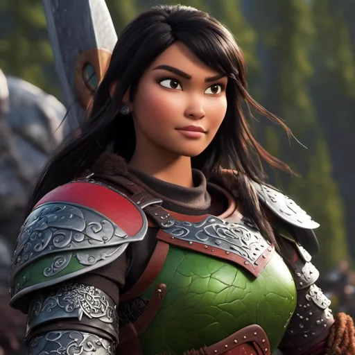 Prompt: <mymodel>Animated CGI style of a fierce ((Caucasian white)) Viking female about 25 years old, black hair, detailed facial features, leather armor {{((red))}} and green armor, battle axe and shield, intense and determined expression, dynamic and powerful pose, high definition, CGI, detailed armor, fierce female, Nordic designs, battle-ready, dynamic pose, professional lighting