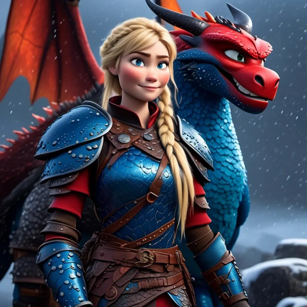 Prompt: <mymodel>CGi Animation, 20-year-old viking woman with blue eyes, a rainy scene, she is standing next to a bright blue dragon with red highlights, they are both in the rain, the viking woman has a subtle smile, blonde hair in a ponytail style, she has blue gear, red armor, black pants, black boots