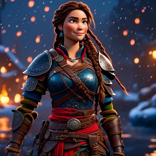 Prompt: <mymodel>CGI Animation, 20-year-old-old pirate woman, a rainy scene, {{brown gear, silver armor}}, brunette hair, dreadlocks, subtle smile, beads hair, small red earrings, multiple braids, straight hair, blue eyes, bracelets, rings on fingers, mercenary gear, unreal engine 8k octane, 3d lighting, full body, full armor