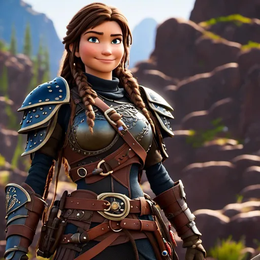 Prompt: <mymodel>CGI Animation, 20-year-old-old pirate woman, brown gear, silver armor, brunette hair, dreadlocks, subtle smile, beads hair, small red earrings, multiple braids, straight hair, blue eyes, bracelets, rings on fingers, mercenary gear, unreal engine 8k octane, 3d lighting, full body, full armor