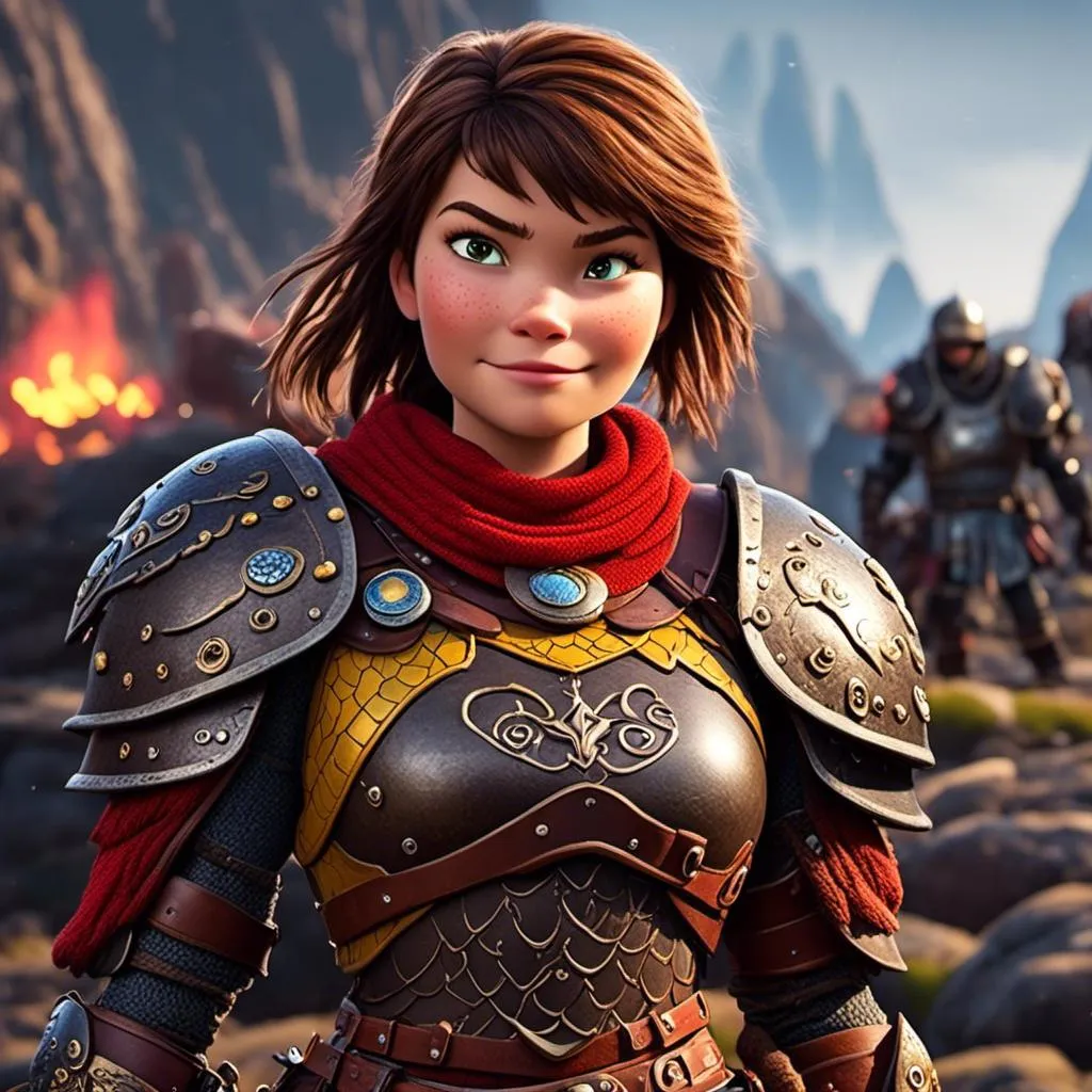 Prompt: <mymodel>CGI Animation of a viking female, brown hair in her face, hazel eyes, bright red gear and light armor, yellow highlights and textures, full light body armor, she has heavy gauntlets on her hands with armored gloves, standing in a viking village, intricate details, high quality, digital painting, cool tones, dramatic lighting