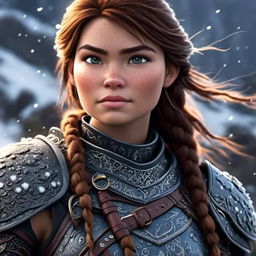 Prompt: <mymodel>animated CGI style, viking female warrior, detailed braided hair and battle scars, rugged and weathered armor, intense and determined gaze, snowy and rugged landscape, fierce, warrior, detailed hair, battle scars, snowy landscape, intense gaze, weathered armor, dramatic lighting