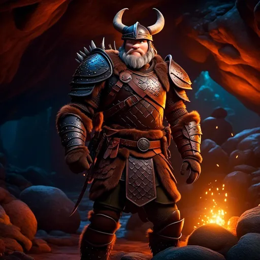 Prompt: <mymodel>Animated CGI style, male viking with a helmet, with a brown dragon, bright colored armor and gear, standing in a dimly lit cave, realistic textures, high quality, vibrant color palette, atmospheric lighting