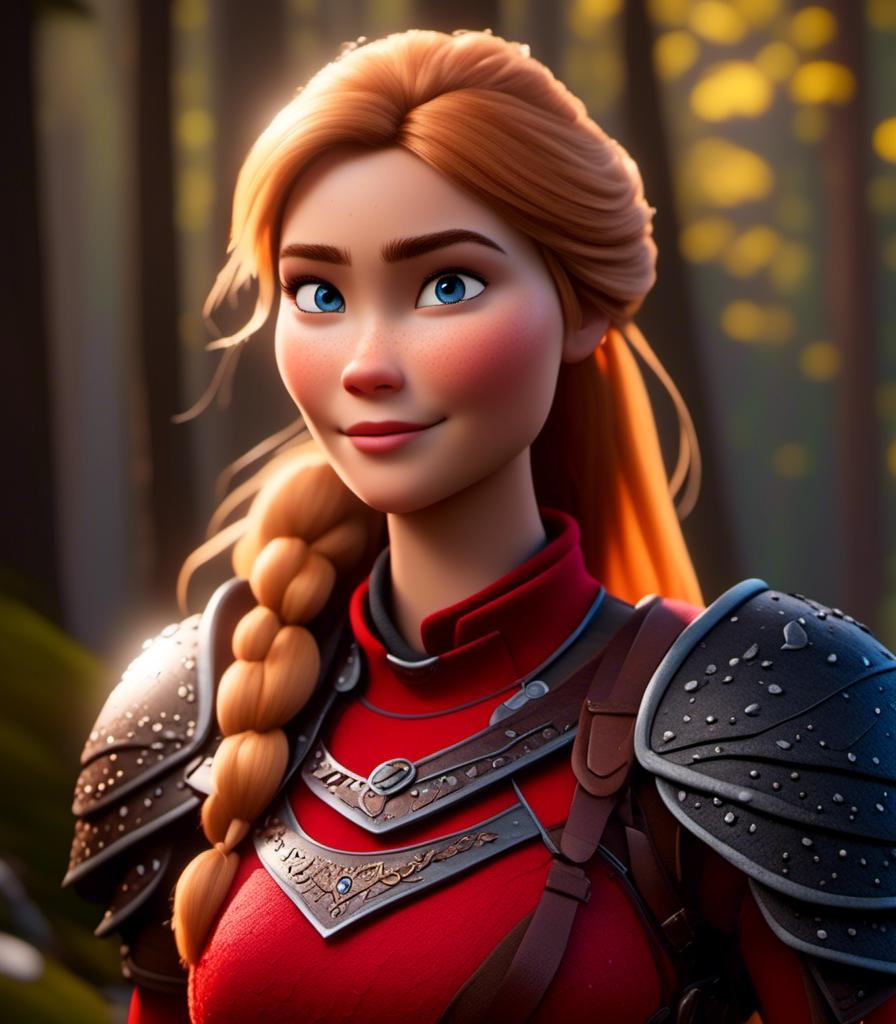 Prompt: <mymodel>CGI Animation, digital art, 20-year-old-old viking woman with light blue eyes standing in a dimly lit forest, blue clothes, red colored armor, blonde straight hair, subtle smile, unreal engine 8k octane, 3d lighting, full armor