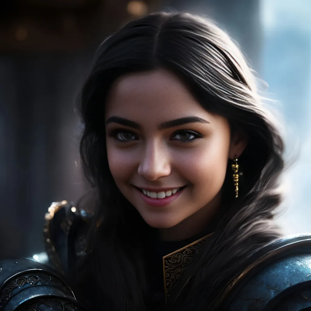 Prompt: she has black hair, create most beautiful fictional female princess viking warrior, hopeful smile, black hair, light blue eyes, extremely detailed environment, detailed background, intricate, detailed skin, professionally color graded, photorealism, 8k, moody lighting