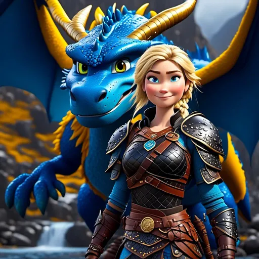 Prompt: <mymodel>CGi Animation, 20-year-old viking woman with blue eyes, a rainy scene, she is standing next to a bright blue dragon with gold highlights, they are both in the rain, the viking woman has a subtle smile, blonde hair in a ponytail style, she has blue gear, gold armor, black pants, black boots