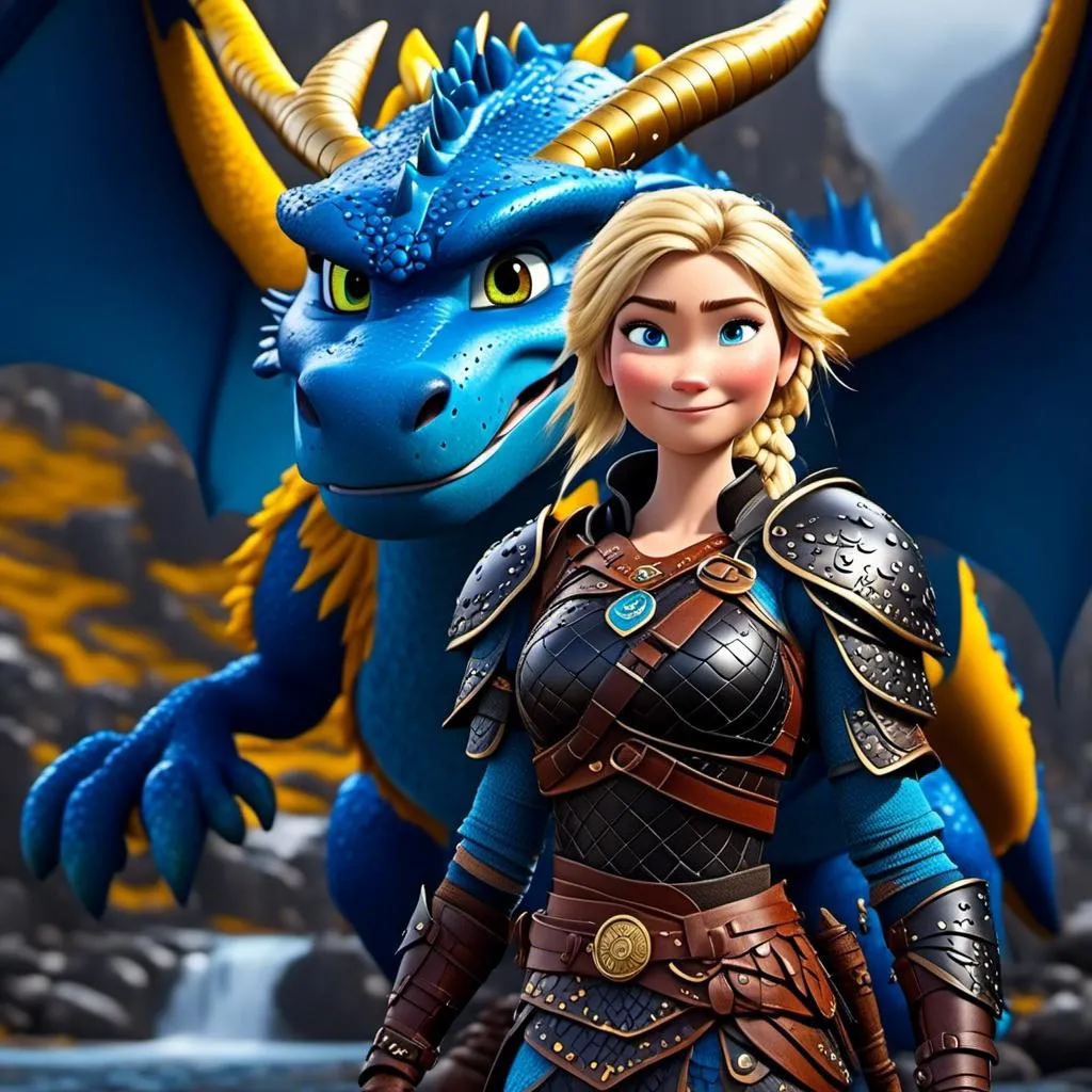 Prompt: <mymodel>CGi Animation, 20-year-old viking woman with blue eyes, a rainy scene, she is standing next to a bright blue dragon with gold highlights, they are both in the rain, the viking woman has a subtle smile, blonde hair in a ponytail style, she has blue gear, gold armor, black pants, black boots