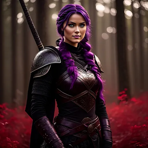 Prompt: <mymodel>25-year-old viking woman, standing in the dimly lit forest with red-leaved weeds, holding a sword in her right hand, messy and dirty hair, a single braid of hair down her shoulder, she has a mad expression, light blue eyes, dirty armor, black gear, bright black armor, black textures and highlights, with glowing lights, short focus, blurry background, unreal engine 8k octane, 3d lighting, full body, full armor