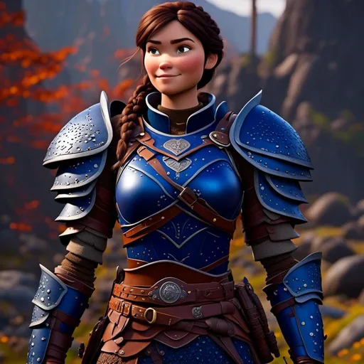 Prompt: <mymodel>Digital art, 18-year-old viking woman, subtle smile, cobalt blue gear, cobalt blue armor, brunette hair, two braids, dark brown eyes, unreal engine 8k octane, 3d lighting, full body, full armor