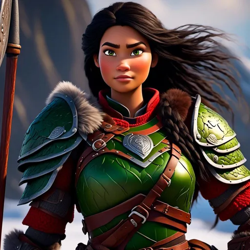 Prompt: <mymodel>Animated CGI style of a fierce Viking female about 25 years old, black hair, detailed facial features, leather armor {{((red))}} and green armor, battle axe and shield, intense and determined expression, dynamic and powerful pose, high definition, CGI, detailed armor, fierce female, Nordic designs, battle-ready, dynamic pose, professional lighting
