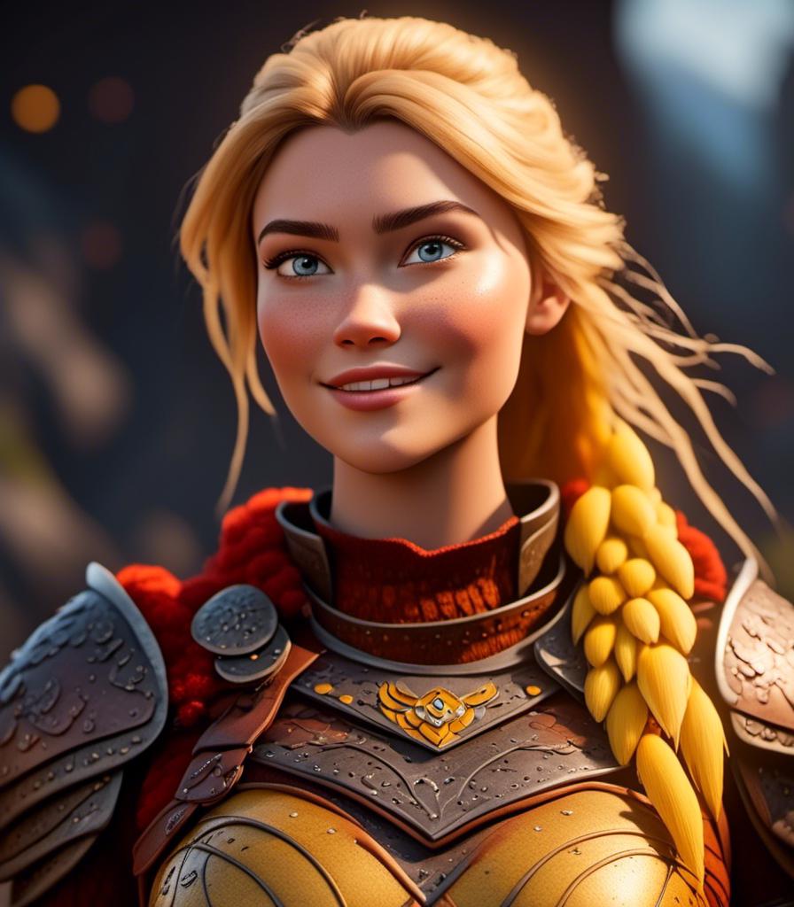 Prompt: <mymodel>CGI Animation, digital art, 20-year-old-old viking woman with light blue eyes, yellow mask over her eyes, yellow clothes, gold colored armor, blonde straight hair, subtle smile, unreal engine 8k octane, 3d lighting, close up camera shot on the face, full armor