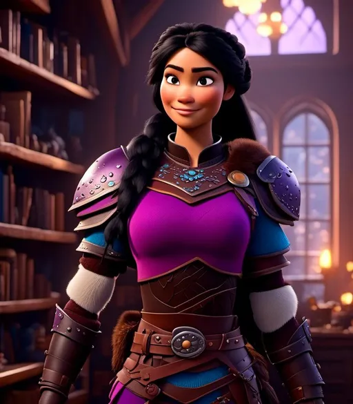 Prompt: <mymodel>CGI Animation, digital art, 20-year-old-old viking woman with light blue eyes, she is standing in her library, she is of royalty, {{black gear, purple armor}}, black hair with purple strands, single braid down her shoulder with a tiara, subtle smile, unreal engine 8k octane, 3d lighting, close up camera shot on the face, full armor