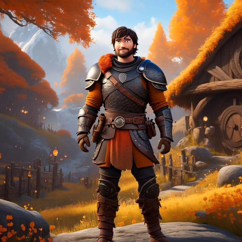 Prompt: <mymodel>CGI Animation of a viking male, black short wavy hair, hazel eyes, bright orange gear and humble armor, yellow highlights and textures, full body picture, standing in a viking village, intricate details, high quality, digital painting, bright energetic tones, dramatic lighting