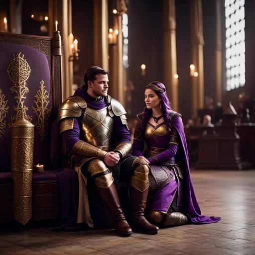 Prompt: Photo of a young <mymodel> sitting at the in The Great Hall discussing politics with her husband a young Jarl Mollerson, he has short brown hair and no beard