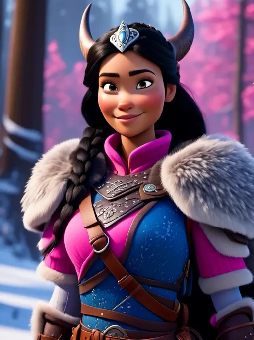 Prompt: <mymodel>CGI Animation, close-up portrait of the face, 20-year-old-old viking woman of royalty standing in the forest, a snowy scene, {{pink gear, blue armor}}, black hair, straight hair with a tiara, subtle smile, unreal engine 8k octane, 3d lighting, close up camera shot on the face, full armor