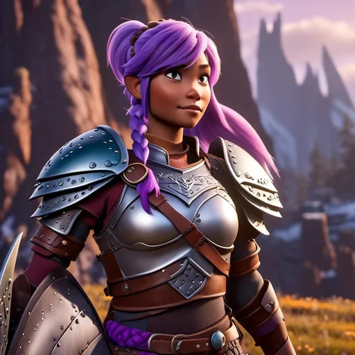 Prompt: <mymodel>Animated CGI style of a fierce ((Caucasian white)) Viking female about 25 years old, ((purple hair with a single braid)), detailed facial features, leather armor, battle axe and shield, intense and determined expression, dynamic and powerful pose, high definition, CGI, detailed armor, fierce female, Nordic designs, battle-ready, dynamic pose, professional lighting