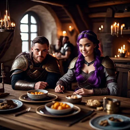 Prompt: Photo of a young <mymodel> sitting at the supper table with her husband a young Jarl Mollerson, he has short brown hair and no beard, they are in their viking house