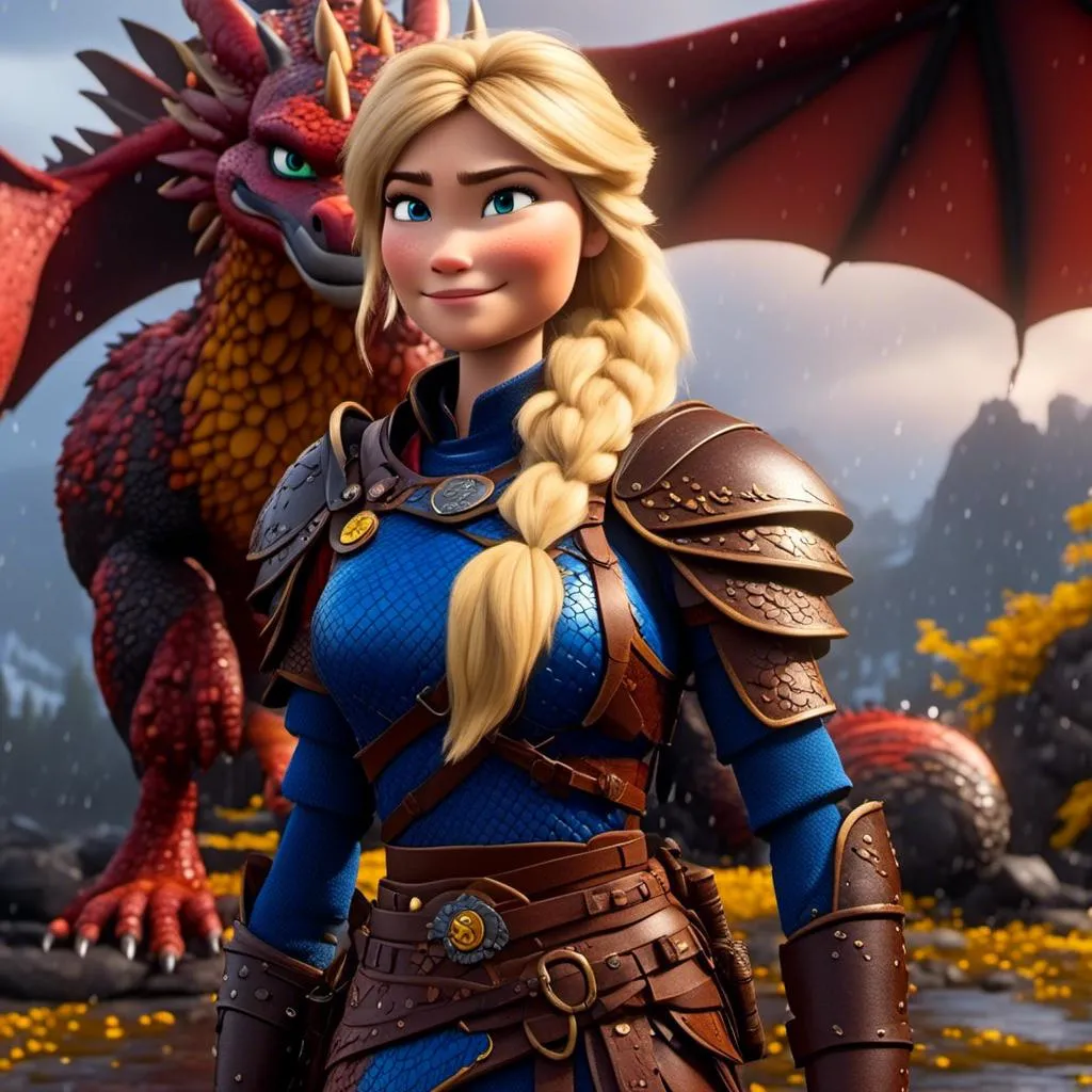 Prompt: <mymodel>CGi Animation, 20-year-old viking woman with blue eyes, a rainy scene, she is standing next to a bright blue dragon with gold highlights, they are both in the rain, the viking woman has a subtle smile, blonde hair, she has blue gear, gold armor, black pants, black boots, unreal engine 8k octane, 3d lighting, full body, full armor