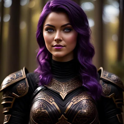 Prompt: <mymodel>25-year-old viking woman, subtle smile, light blue eyes, black gear, bright black armor, wearing an iron-man like suit of armor, black textures and highlights, standing in the forest, short focus, blurry background, unreal engine 8k octane, 3d lighting, full body, full armor