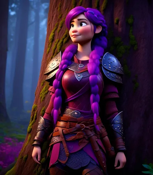 Prompt: <mymodel>CGI Animation, digital art, 20-year-old-old viking woman of royalty standing at night next to a tree with her hands resting on the bark, she is in a dimly lit thick forest with trees everywhere, dense fog, light blue eyes, {{black gear, purple armor}}, purple hair, single braid down her shoulder with a tiara, subtle smile, unreal engine 8k octane, 3d lighting, close up camera shot on the face, full armor