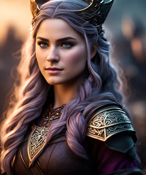 Prompt: create most beautiful fictional female viking princess, (((dark purple hair))), commanding her citizens, extremely detailed environment, detailed background, intricate, detailed skin, professionally color graded, photorealism, 8k, moody lighting