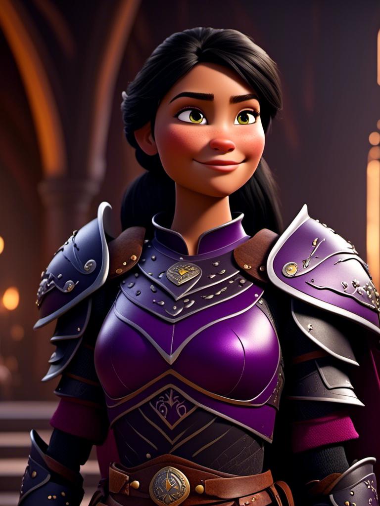 Prompt: <mymodel>CGI Animation, digital art, 20-year-old-old viking woman of royalty standing in The Great Hall on the Isle of Berk, {{purple gear, black armor}}, black hair, straight hair with a tiara, subtle smile, unreal engine 8k octane, 3d lighting, close up camera shot on the face, full armor