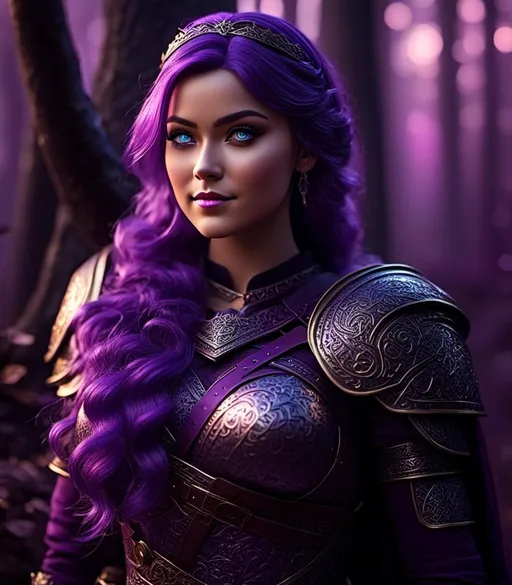Prompt: <mymodel>CGI Animation, digital art, 20-year-old-old viking woman with light blue eyes, she is overjoyed, purple hair with purple strands, standing in a dimly lit forest, she is leaning against a tree, single braid down her shoulder with a tiara, unreal engine 16k octane, 3d lighting, full armor