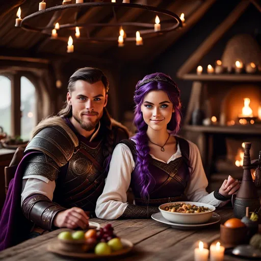 Prompt: Photo of a young <mymodel> sitting at the supper table with her husband a young Jarl Mollerson with short brown hair and no beard in their viking house