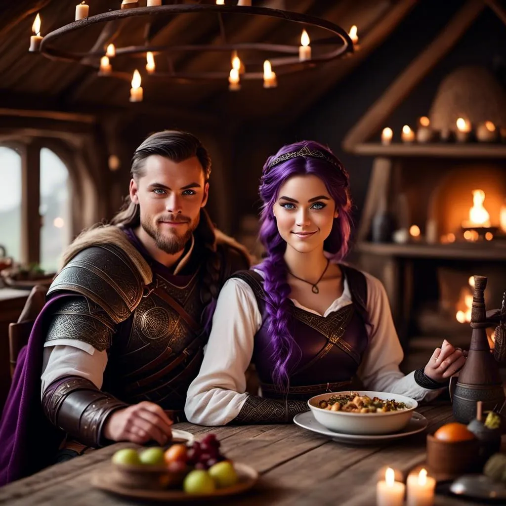 Prompt: Photo of a young <mymodel> sitting at the supper table with her husband a young Jarl Mollerson with short brown hair and no beard in their viking house