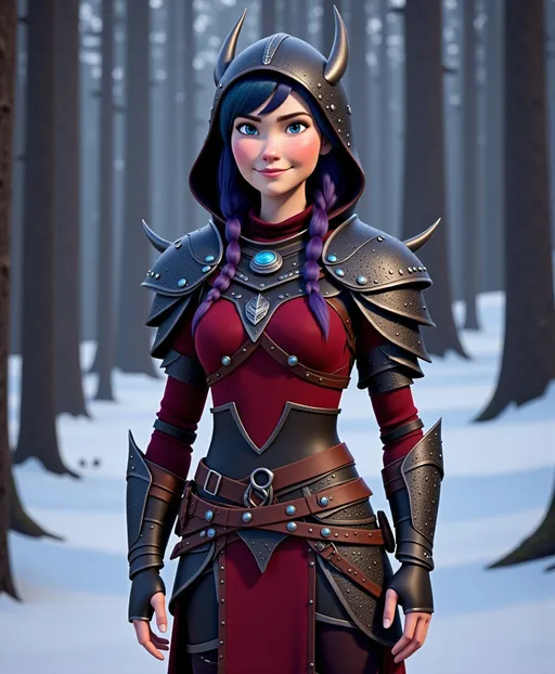Prompt: <mymodel>CGI Animation, digital art, 20-year-old-old viking woman with violet eyes, Dark red Long sleeve shirt, skirt with dragon teeth on it, wears the snow wraith hood, ((dark dark blue hair with teal, pink and purple streaks)), standing snowy forest, subtle smile, unreal engine 8k octane, 3d lighting, close up camera shot on the face, full armor
