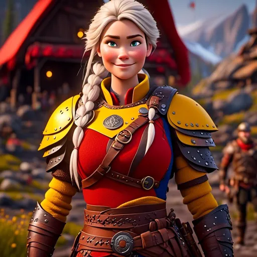 Prompt: <mymodel>CGi Animation, 20-year-old viking woman with one hair braid, subtle smile, white hair, blue eyes, blue gear, yellow armor, red clothes, yellow textures and highlights, unreal engine 8k octane, 3d lighting, full body, full armor