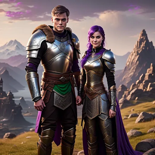 Prompt: Photo of <mymodel> standing next to her young husband Jarl Mollerson who has green gear and silver armor and ((short brown hair)), she is slightly shorter than him