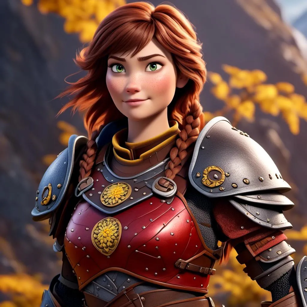 Prompt: <mymodel>CGI Animation of a viking female, brown hair, hazel eyes, bright red gear and armor, yellow highlights and textures, intricate details, high quality, digital painting, cool tones, dramatic lighting