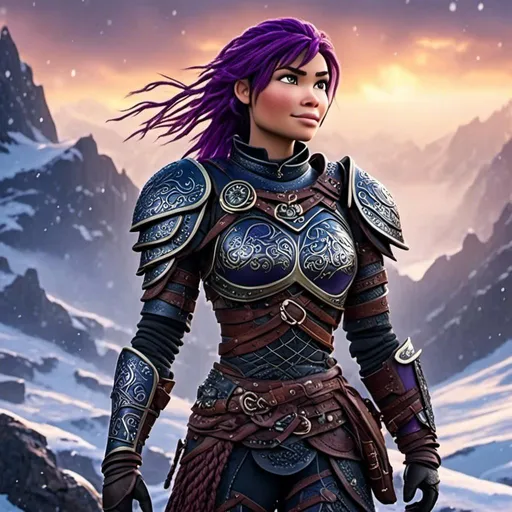 Prompt: <mymodel>animated CGI style, caucasian, purple hair, viking female warrior, detailed braided hair and battle scars, rugged and weathered armor, intense and determined gaze, snowy and rugged landscape, fierce, warrior, detailed hair, battle scars, snowy landscape, intense gaze, weathered armor, dramatic lighting
