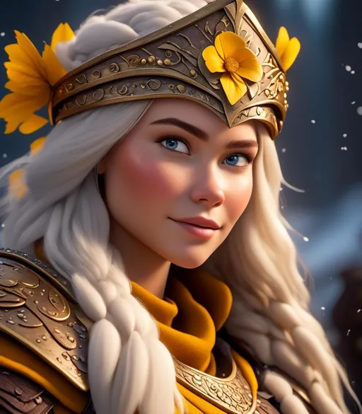 Prompt: <mymodel>CGI Animation, digital art, 20-year-old-old viking woman with light blue eyes, yellow clothes, gold colored armor, white hair, straight hair with a tiara, subtle smile, unreal engine 8k octane, 3d lighting, close up camera shot on the face, full armor