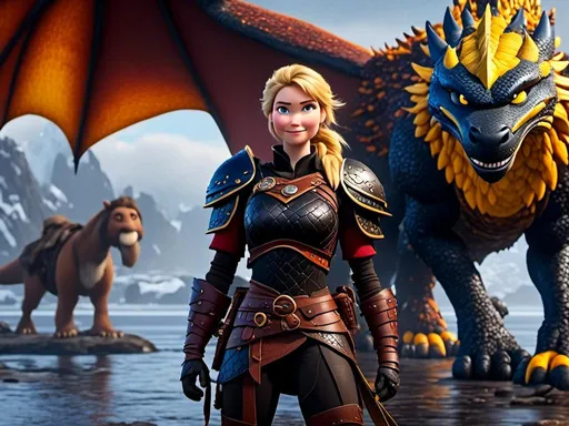 Prompt: <mymodel>CGi Animation, 20-year-old viking woman with blue eyes, a rainy scene, she is standing next to a bright blue dragon with gold highlights, they are both in the rain, the viking woman has a subtle smile, blonde hair in a ponytail style, she has blue gear, gold armor, black pants, black boots, unreal engine 8k octane, 3d lighting, full body, full armor