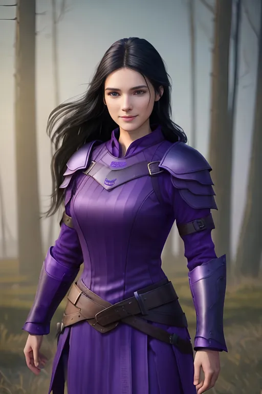 Prompt: Digital Art, 25-year-old viking woman, purple gear, purple clothes, subtle smile, black straight hair, dark purple eyes, a dark purple long-sleeve shirt, textured skirt down to knees, dark purple pants, dark purple armor, long black hair with volume, middle part in hair, leather boots, dark purple gear, unreal engine 64k octane, hdr, 3d lighting, full body, full armor