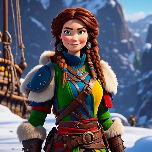 Prompt: <mymodel>CGI Animation, 20-year-old-old pirate woman, a snowy scene, {{yellow gear, blue armor}}, brunette hair, dreadlocks, subtle smile, beads hair, small red earrings, multiple braids, yellow gear, straight hair, green eyes, bracelets, rings on fingers, mercenary gear, unreal engine 8k octane, 3d lighting, full body, full armor