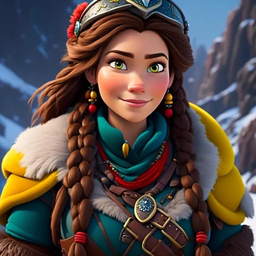 Prompt: <mymodel>CGI Animation, close-up portrait of the face, 20-year-old-old pirate woman sitting on a snow bank, a snowy scene, {{yellow gear, blue armor}}, brunette hair, dreadlocks, subtle smile, beads hair, small red earrings, multiple braids, yellow gear, straight hair, green eyes, bracelets, rings on fingers, mercenary gear, unreal engine 8k octane, 3d lighting, close up camera shot on the face, full armor