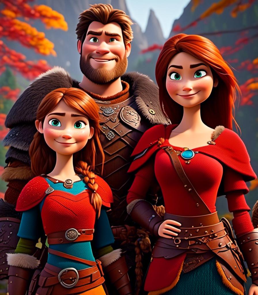 Prompt: <mymodel>CGI Animation, digital art, 20-year-old-old viking woman with light blue eyes standing with her older brother and younger sister, older brother has brown hair and green eyes, her younger sister has brunette hair and brown eyes, the viking woman has red clothes, blue colored armor, blonde straight hair, subtle smile, unreal engine 8k octane, 3d lighting, full armor