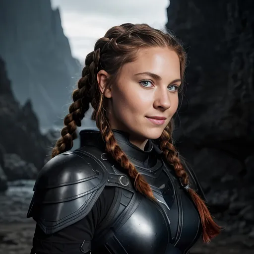 Prompt: Digital art, ((black)) rogue gear, ((black)) adventurer armor, Medium build, slightly broad-shouldered, (((DreamShaper Version 1))), Berk of How to Train Your Dragon, 35-year old viking woman, small smile, red hair, cornrow braids, blue eyes, ((black gear, black armor,)) unreal engine, 8k octane, 3d lighting, full body, full armor